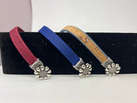 Cork and denim bracelets with silver flower hook