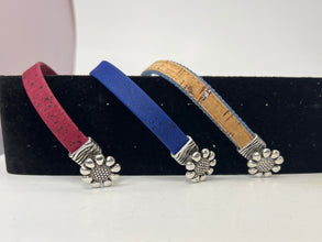 Cork and denim bracelets with silver flower hook