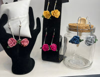 Long stem polymer clay rose earrings. Handmade per petal to give unique flower quality