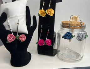 Long stem polymer clay rose earrings. Handmade per petal to give unique flower quality