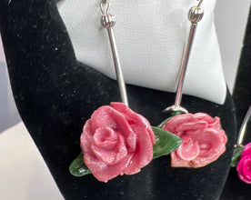 Long stem polymer clay rose earrings. Handmade per petal to give unique flower quality