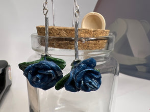 Long stem polymer clay rose earrings. Handmade per petal to give unique flower quality