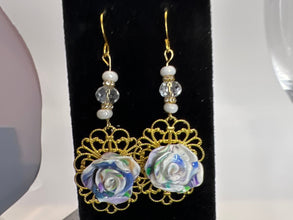 Handmade Polymer Clay Rose Earrings: Gold/Silver Filigree Lace