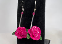 Long stem polymer clay rose earrings. Handmade per petal to give unique flower quality