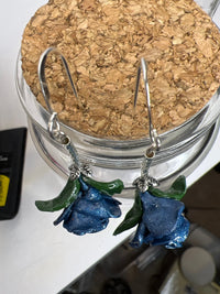 Long stem polymer clay rose earrings. Handmade per petal to give unique flower quality