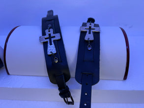 Men's Black Leather Bracelet: Silver Plated Hammered Cross