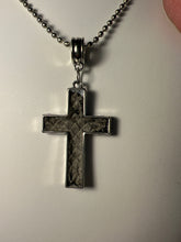 Silver plated crosses with embossed leather inside on various chains. Necklaces of faith.