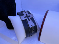 Men's Black Leather Bracelet: Silver Plated Hammered Cross