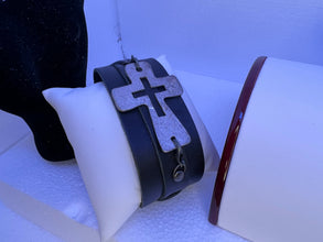 Men's Black Leather Bracelet: Silver Plated Hammered Cross