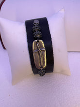Black leather hook adjusting men’s bracelets with silver plated cross adornments