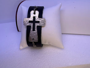 Black leather hook adjusting men’s bracelets with silver plated cross adornments