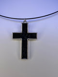 Silver plated crosses with embossed leather inside on various chains. Necklaces of faith.