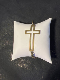 Bronze cross bracelet on metal beaded band.