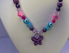 Purple Butterfly Charm Necklace & Bracelet Set: Beaded Floral Jewelry