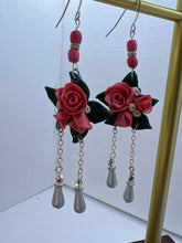 Handmade peach polymer clay rose and bud earrings with bead dangles