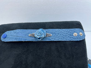 Handmade shades of blue polymer clay roses on leather bracelets