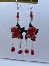 Handmade peach polymer clay rose and bud earrings with bead dangles