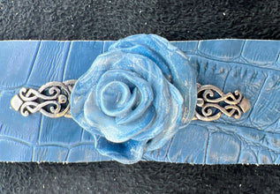 Handmade shades of blue polymer clay roses on leather bracelets