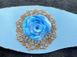 Handmade shades of blue polymer clay roses on leather bracelets