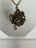 Antique Bronze Butterfly Necklace: Rhinestone Adorned, Long Length