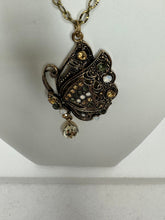Antique Bronze Butterfly Necklace: Rhinestone Adorned, Long Length
