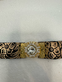 Floral Embossed Leather Bracelet: Vintage Gold Rhinestone Centerpiece