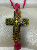 Gold Filigree Cross Bracelet: Pink Polymer Clay, Adjustable Cord