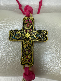 Gold Filigree Cross Bracelet: Pink Polymer Clay, Adjustable Cord
