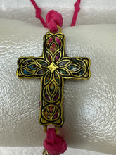 Gold Filigree Cross Bracelet: Pink Polymer Clay, Adjustable Cord