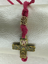 Gold Filigree Cross Bracelet: Pink Polymer Clay, Adjustable Cord