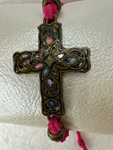 Bronze Filigree Cross Bracelet: Pink patterned Polymer Clay, Adjustable Cord