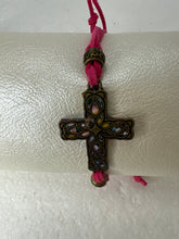 Bronze Filigree Cross Bracelet: Pink patterned Polymer Clay, Adjustable Cord