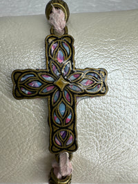 Bronze Filigree Cross Bracelet: Light Pink Polymer Clay, Adjustable