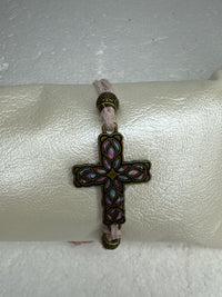 Bronze Filigree Cross Bracelet: Light Pink Polymer Clay, Adjustable