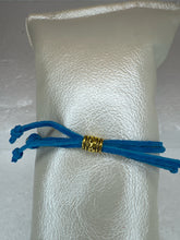 Gold Filigree Cross Bracelet: Blue Patterned Polymer Clay, Adjustable Cord