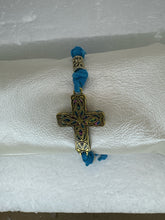 Gold Filigree Cross Bracelet: Blue Patterned Polymer Clay, Adjustable Cord