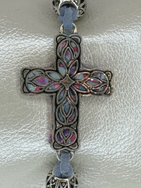 Silver Filigree Cross Bracelet: Light Blue Patterned Polymer Clay, Adjustable