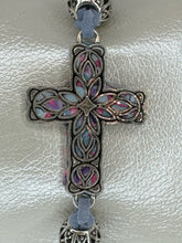 Silver Filigree Cross Bracelet: Light Blue Patterned Polymer Clay, Adjustable