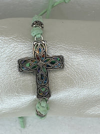 Filigree Cross Bracelet: Pale Green Patterned Polymer Clay, Adjustable Cord