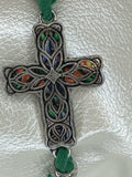 Silver Filigree Cross Bracelet: Green patterned Polymer Clay, Adjustable Cord