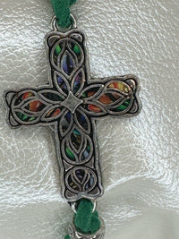 Silver Filigree Cross Bracelet: Green patterned Polymer Clay, Adjustable Cord