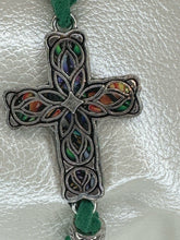 Silver Filigree Cross Bracelet: Green patterned Polymer Clay, Adjustable Cord