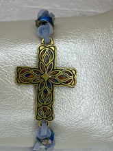 Gold Filigree Cross Bracelet: Light Blue Polymer Clay, Adjustable
