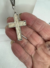Silver Plated Cross Pendant: Embossed Leather, Victorian Pearl Chain