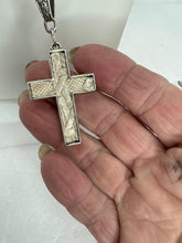 Silver Plated Cross Pendant: Embossed Leather, Victorian Pearl Chain
