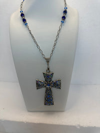 Silver Filigree Cross Necklace: Blue Patterned Polymer Clay Pendant, 28" Beaded Chain