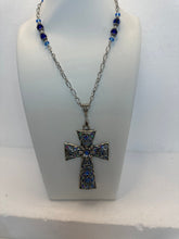 Silver Filigree Cross Necklace: Blue Patterned Polymer Clay Pendant, 28