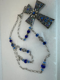 Silver Filigree Cross Necklace: Blue Patterned Polymer Clay Pendant, 28" Beaded Chain