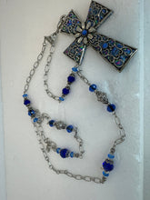 Silver Filigree Cross Necklace: Blue Patterned Polymer Clay Pendant, 28