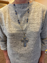 Silver Filigree Cross Necklace: Blue Patterned Polymer Clay Pendant, 28